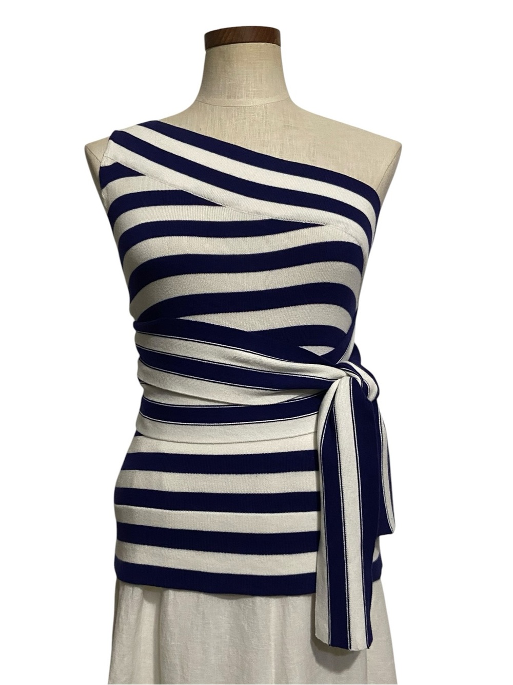 Moda International One Shoulder Wrap Tie Sweater Blue White Stripe Sz L